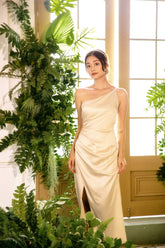 One-Shoulder Draped Silk Dress with Thigh-High Slit and Asymmetric Neckline